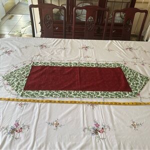 Festive Red and Green holly, berriesTable Runner and complimentary doily. Cotton